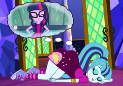 Size: 3000x2083 | Tagged: safe, artist:gmaplay, imported from derpibooru, sci-twi, sonata dusk, twilight sparkle, equestria girls, clothes, converse, dream bubble, eyes closed, female, lesbian, sci-twinata, shipping, shoes, sleeping, socks, twilight's castle, twinata