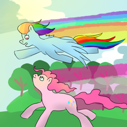 Size: 1000x1000 | Tagged: safe, artist:ponkersetfan01, imported from derpibooru, pinkie pie, rainbow dash, pony, flying, racing, running