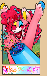 Size: 666x1063 | Tagged: safe, alternate version, artist:charlie-fell, imported from derpibooru, pinkie pie, earth pony, pony, :d, bust, cheering, chest fluff, clown, confetti, eyes closed, female, hoof polish, mare, open mouth, party cannon, smiling, unshorn fetlocks