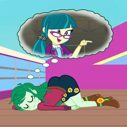 Size: 3000x3000 | Tagged: safe, artist:gmaplay, imported from derpibooru, juniper montage, wallflower blush, equestria girls, dream bubble, eyes closed, female, glasses, juniblush, lesbian, shipping, sleeping, yacht