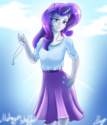 Size: 2100x2450 | Tagged: safe, artist:melanyschaffer, artist:opal_radiance, imported from derpibooru, rarity, unicorn, equestria girls, clothes, cloud, female, horn, jewelry, looking at you, necklace, ponied up, sky