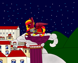 Size: 1820x1460 | Tagged: safe, artist:condedetorreroja, imported from derpibooru, oc, oc only, oc:daria sable, pegasus, pony, armor, building, byzantine, byzantine empire, cloud, column, female, greek, lamellar armor, night, solo, stars