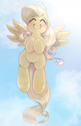 Size: 1269x1968 | Tagged: safe, artist:kurogewapony, imported from derpibooru, fluttershy, pegasus, pony, blushing, cute, eyes closed, female, flying, hooves to the chest, mare, open mouth, shyabetes, sky