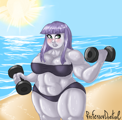 Size: 800x788 | Tagged: safe, artist:professordoctorc, imported from derpibooru, maud pie, equestria girls, beach, belly button, bikini, blushing, breasts, busty maud pie, clothes, dumbbell (object), female, maud pump, musclegut, muscles, muscular female, solo, strong fat, sweat, swimsuit, thighs, thunder thighs, weights