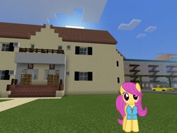 Size: 2048x1536 | Tagged: safe, artist:magister39, artist:topsangtheman, imported from derpibooru, pursey pink, earth pony, pony, female, house, looking at you, minecraft, solo