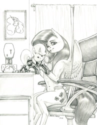 Size: 1000x1286 | Tagged: safe, artist:baron engel, imported from derpibooru, fluttershy, princess celestia, anthro, pegasus, semi-anthro, belly button, chair, concave belly, curtains, female, grayscale, looking at you, mare, monochrome, office chair, partially open wings, pencil drawing, picture, pincushion, plushie, ponies sitting like humans, ribcage, sewing machine, shading, sitting, slim, thin, traditional art, wings