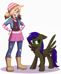 Size: 736x900 | Tagged: safe, artist:riouku, imported from derpibooru, oc, oc:hunter, oc:karen, human, pegasus, pony, beanie, boots, clothes, female, glasses, hat, jacket, jeans, pants, purple mane, shoes, simple background, skirt, striped sweater, sweater, white background