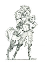 Size: 950x1314 | Tagged: safe, artist:baron engel, imported from derpibooru, rarity, zecora, anthro, unguligrade anthro, zebra, alternate hairstyle, bare midriff, boots, bracelet, breasts, busty rarity, busty zecora, clothes, digital art, ear piercing, female, grayscale, jewelry, lesbian, mare, monochrome, panties, pencil drawing, piercing, punk, raricora, raripunk, ripped pants, shipping, shoes, shorts, simple background, sketch, smiling, tanktop, thong, traditional art, underwear, vest, white background