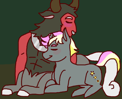 Size: 1868x1508 | Tagged: safe, artist:theedgyduck, imported from derpibooru, lord tirek, oc, oc:disappearing sparkle, centaur, pony, unicorn, blushing, broken horn, canon x oc, cuddling, duo, duo male, eyes closed, floppy ears, gay, horn, interspecies, jewelry, lying down, male, nose piercing, nose ring, piercing, prone, septum piercing, simple background, sleeping, stallion, unicorn oc