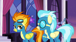 Size: 1280x720 | Tagged: safe, imported from derpibooru, screencap, misty fly, spitfire, pegasus, pony, rarity investigates, clothes, female, goggles, mare, uniform, wonderbolts uniform