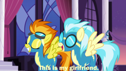 Size: 1280x720 | Tagged: safe, edit, edited screencap, imported from derpibooru, screencap, misty fly, spitfire, pegasus, pony, rarity investigates, caption, clothes, eyes closed, female, image macro, lesbian, mare, shipping, spitfly, spread wings, text, uniform, wings, wonderbolts uniform