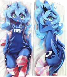 Size: 3995x4608 | Tagged: safe, artist:kolshica, imported from derpibooru, princess luna, anthro, pony, butt wings, clothes, dakimakura cover, female, one-piece swimsuit, school swimsuit, socks, solo, striped socks, swimsuit, wings