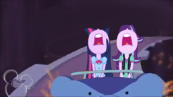 Size: 1920x1080 | Tagged: safe, edit, edited screencap, imported from derpibooru, screencap, starlight glimmer, twilight sparkle, equestria girls, female, giant head, open mouth, roller coaster, screaming, sparks, the emperor's new groove, the emperor's new school