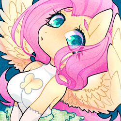 Size: 640x640 | Tagged: safe, artist:bbtasu, imported from derpibooru, fluttershy, anthro, boob window, breasts, busty fluttershy, cleavage, cute, eye clipping through hair, female, looking at you, shyabetes, solo, thick eyebrows