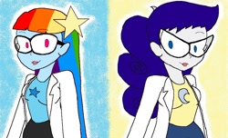 Size: 950x578 | Tagged: safe, artist:pagiepoppie12345, imported from derpibooru, rainbow dash, rarity, human, equestria girls, clothes, crossover, glasses, humanized, johnny test, lab coat, mary test, susan test