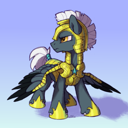 Size: 2000x2000 | Tagged: safe, artist:kotya, imported from derpibooru, oc, oc only, oc:tempest streamrider, pegasus, pony, armor, colored wings, full body, guard, male, multicolored wings, royal guard, simple background, solo, stallion, wings