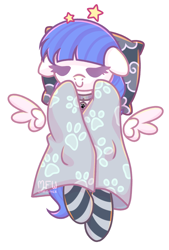 Size: 1364x2012 | Tagged: safe, artist:musicfirewind, artist:wavecipher, imported from derpibooru, oc, oc only, oc:snow pup, pegasus, pony, blanket, clothes, cloud, collar, eyes closed, pet tag, pillow, simple background, sleeping, socks, stars, striped socks, transparent background