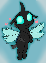 Size: 567x774 | Tagged: safe, artist:heretichesh, imported from derpibooru, changeling, nymph, :t, blue background, buzzing, cute, cuteling, flapping, floppy ears, flying, gradient background, heart, looking at you, love, shy, smiling, solo, weapons-grade cute, wings