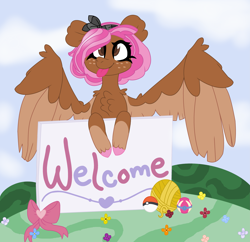 Size: 4089x3959 | Tagged: safe, artist:moonlight243234, imported from derpibooru, oc, oc only, oc:moxie, pegasus, pony, chest fluff, female, mare, sign, solo, tongue out, yarn, yarn ball