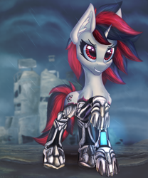 Size: 1750x2100 | Tagged: safe, artist:xeniusfms, imported from derpibooru, oc, oc only, oc:blackjack, cyborg, pony, unicorn, fallout equestria, fallout equestria: project horizons, amputee, augmented, cybernetic legs, fanfic art, female, grin, horn, mare, rain, ruins, small horn, smiling