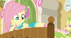 Size: 635x342 | Tagged: safe, imported from derpibooru, screencap, angel bunny, fluttershy, do it for the ponygram!, equestria girls, equestria girls series, spoiler:eqg series (season 2), bed, book, cropped, cute, fluttershy's bedroom, geode of fauna, magical geodes, reading, sandals, shyabetes