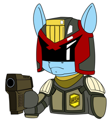 Size: 1282x1400 | Tagged: safe, artist:dacaoo, imported from derpibooru, rainbow dash, pony, armor, badge, crossover, female, gun, helmet, judge dredd, simple background, solo, weapon, white background