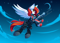 Size: 3937x2801 | Tagged: safe, artist:airiniblock, imported from derpibooru, oc, oc only, oc:diamond sun, pegasus, pony, commission, crossover, ear fluff, female, gun, mare, mass effect, moon, night, pegasus oc, sky, solo, stars, weapon, wings