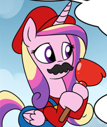 Size: 786x929 | Tagged: safe, artist:madmax, edit, imported from derpibooru, princess cadance, alicorn, pony, cap, clothes, comic, cosplay, costume, crossover, female, hat, mare, mario, mario's hat, moustache, plunger, super mario bros.