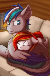 Size: 1280x1932 | Tagged: safe, artist:melodisde, imported from derpibooru, oc, oc only, oc:diamond sun, oc:hawker hurricane, pegasus, pony, commission, couch, cute, ear fluff, eyes closed, female, fireplace, hawkmond, male, mare, oc x oc, pegasus oc, shipping, sleeping, stallion, wings