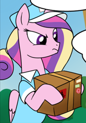 Size: 714x1025 | Tagged: safe, artist:madmax, edit, imported from derpibooru, princess cadance, alicorn, pony, alternate hairstyle, clothes, comic, costume, cropped, female, hat, mailmare, mare, parcel