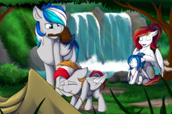 Size: 4928x3265 | Tagged: safe, artist:melodisde, imported from derpibooru, oc, oc:blazing sky, oc:diamond sun, oc:hawker hurricane, oc:sapphire moon, pegasus, pony, camping, colt, commission, cute, family, female, filly, foal, grass, hawkmond, male, mare, nature, parent:oc:diamond sun, parent:oc:hawker hurricane, parents:hawkmond, pegasus oc, stallion, tree, twins, water, waterfall, wings