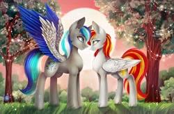 Size: 1280x839 | Tagged: safe, artist:das_leben, imported from derpibooru, oc, oc:diamond sun, oc:hawker hurricane, pegasus, pony, commission, female, grass, hawkmond, love, male, mare, oc x oc, pegasus oc, romantic, shipping, spread wings, stallion, sun, sunset, tree, wings