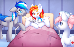 Size: 1236x783 | Tagged: safe, artist:scarlet-spectrum, imported from derpibooru, nurse redheart, oc, oc:blazing sky, oc:diamond sun, oc:hawker hurricane, oc:sapphire moon, earth pony, pegasus, pony, baby, baby pony, bed, colt, commission, cute, family, female, filly, foal, hawkmond, hospital, lidded eyes, male, mare, offspring, parent:oc:diamond sun, parent:oc:hawker hurricane, parents:hawkmond, parents:oc x oc, stallion, twins