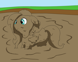 Size: 2000x1600 | Tagged: safe, artist:amateur-draw, imported from derpibooru, fluttershy, pegasus, pony, 90s grunge fluttershy, baseball cap, cap, clothes, covered in mud, female, hat, mare, messy, mud, mud bath, muddy, simple background, skirt, solo