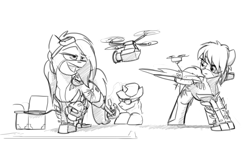 Size: 1280x768 | Tagged: safe, artist:captainhoers, imported from derpibooru, oc, oc:atom bomb, oc:atom smasher, pegasus, pony, unicorn, amputee, bodysuit, clothes, computer, drone, laptop computer, magic, monochrome, prosthetic limb, prosthetics