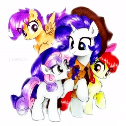 Size: 2322x2322 | Tagged: safe, artist:liaaqila, imported from derpibooru, apple bloom, rarity, scootaloo, sweetie belle, earth pony, pegasus, pony, unicorn, apple bloom's bow, bow, clothes, commission, cowboy hat, cutie mark crusaders, fanfic art, female, filly, flying, hair bow, hat, jeans, mare, necktie, open mouth, pants, police, police officer, police uniform, raised hoof, raricop, scootaloo can fly, sheriff, shirt, simple background, traditional art, white background