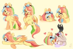 Size: 1280x854 | Tagged: safe, artist:keiava, imported from derpibooru, oc, oc:radiant flora, oc:zapple cider, hybrid, pegasus, pony, chibi, female, goggles, interspecies offspring, magical lesbian spawn, mare, offspring, parent:applejack, parent:discord, parent:fluttershy, parent:rainbow dash, parents:appledash, parents:discoshy