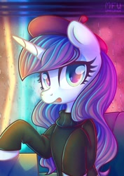 Size: 848x1200 | Tagged: safe, artist:musicfirewind, artist:wavecipher, imported from derpibooru, rarity, pony, unicorn, sweet and elite, beatnik rarity, beret, clothes, cute, female, hat, heart, heart eyes, mare, open mouth, rain, solo, sweater, wingding eyes