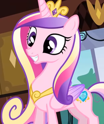 Size: 1416x1687 | Tagged: safe, imported from derpibooru, screencap, princess cadance, queen chrysalis, alicorn, pony, a canterlot wedding, cropped, crown, cute, cutealis, cutedance, fake cadance, female, folded wings, grin, jewelry, mare, regalia, smiling, solo, tiara, wings