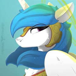 Size: 1021x1021 | Tagged: safe, artist:therealf1rebird, imported from derpibooru, princess celestia, alicorn, pony, alternate hairstyle, armor, female, halo, horn, looking back, solo, warrior, warrior celestia, wings