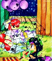 Size: 2121x2518 | Tagged: safe, artist:liaaqila, imported from derpibooru, apple bloom, scootaloo, sweetie belle, spider, cute, cutie mark crusaders, spider web, traditional art, wet, wet mane