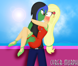 Size: 2064x1760 | Tagged: safe, artist:cyber-murph, imported from derpibooru, applejack, surprise, oc, oc:lightning voice, equestria girls, equestria girls series, spring breakdown, beret, canon x oc, carrying, clothes, female, geode of super strength, glasses, hat, jeans, kissing, lesbian, magical geodes, pants, ponytail, signature, surprise kiss, surprised, tanktop