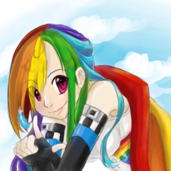 Size: 1440x1440 | Tagged: safe, artist:imalune, imported from derpibooru, rainbow dash, human, humanized, looking at you, sky