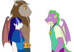 Size: 1909x1351 | Tagged: safe, artist:fantasygerard2000, imported from derpibooru, majesty, scorpan, spike, anthro, dragon, gargoyle, human, clothes, crying, female, headcanon, male, medal, medallion, open mouth, scorpan is spike's daddy, simple background, transparent background, wings