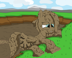 Size: 2000x1600 | Tagged: safe, artist:amateur-draw, imported from derpibooru, fluttershy, pegasus, pony, 90s grunge fluttershy, baseball cap, cap, clothes, covered in mud, crawling, female, hat, mare, messy, mud, mud bath, muddy, simple background, skirt, smiling, solo, tired, wet and messy