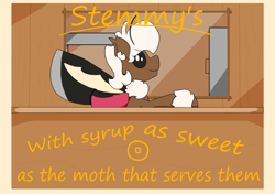 Size: 1700x1200 | Tagged: safe, artist:stemthebug, imported from derpibooru, oc, oc only, oc:stem bedstraw, hybrid, moth, mothpony, original species, pony, advertisement, restaurant, solo