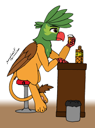 Size: 6044x8106 | Tagged: safe, artist:summerium, imported from derpibooru, oc, oc only, oc:kalimu, griffon, alcohol, bottle, counter, glass, male, sierra nevada, simple background, solo, stool, transparent background, trash can, whiskey