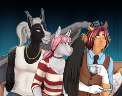 Size: 2865x2246 | Tagged: safe, artist:blackblood-queen, imported from derpibooru, oc, oc only, oc:rosie quartz, oc:sunstreak, oc:sunstreak quartz, oc:victor bates, anthro, bat pony, pegasus, unicorn, annoyed, anthro oc, bat pony oc, bat wings, blaze (coat marking), clothes, coat markings, cousins, cup, curved horn, facial markings, female, horn, male, mare, necktie, pegasus oc, poking, ponytail, scar, stallion, story in the source, teacup, unicorn oc, vest, wings