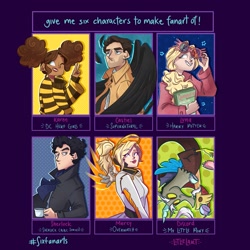 Size: 2048x2048 | Tagged: safe, artist:litzelart, imported from derpibooru, discord, draconequus, human, six fanarts, book, bumblebee (dc comics), bumblebee (dc), clothes, crossover, cup, dark skin, dc comics, female, glasses, grin, halo, harry potter, harry potter (series), luna lovegood, male, mercy, mercy (overwatch), one eye closed, overwatch, peace sign, sherlock holmes, smiling, teacup, upside down, wings, wink