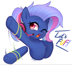 Size: 3600x3273 | Tagged: safe, artist:maren, imported from derpibooru, oc, oc only, oc:bit rate, earth pony, pony, cute, female, fuf, glow rings, headset, mare, one eye closed, simple background, solo, waving, white background, wink